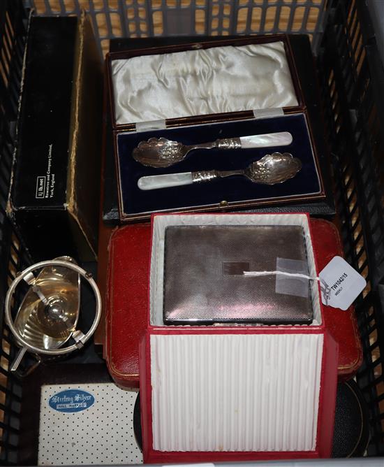 A quantity of silver-mounted and plated flatware (some cased), a plated cigarette box and sundry items